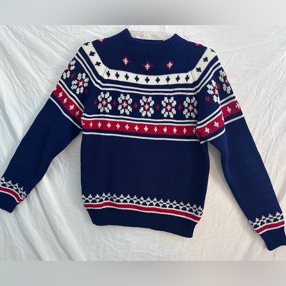 Vintage JCPenney Nordic Fair Isle Sweater Blue Red White Size Small